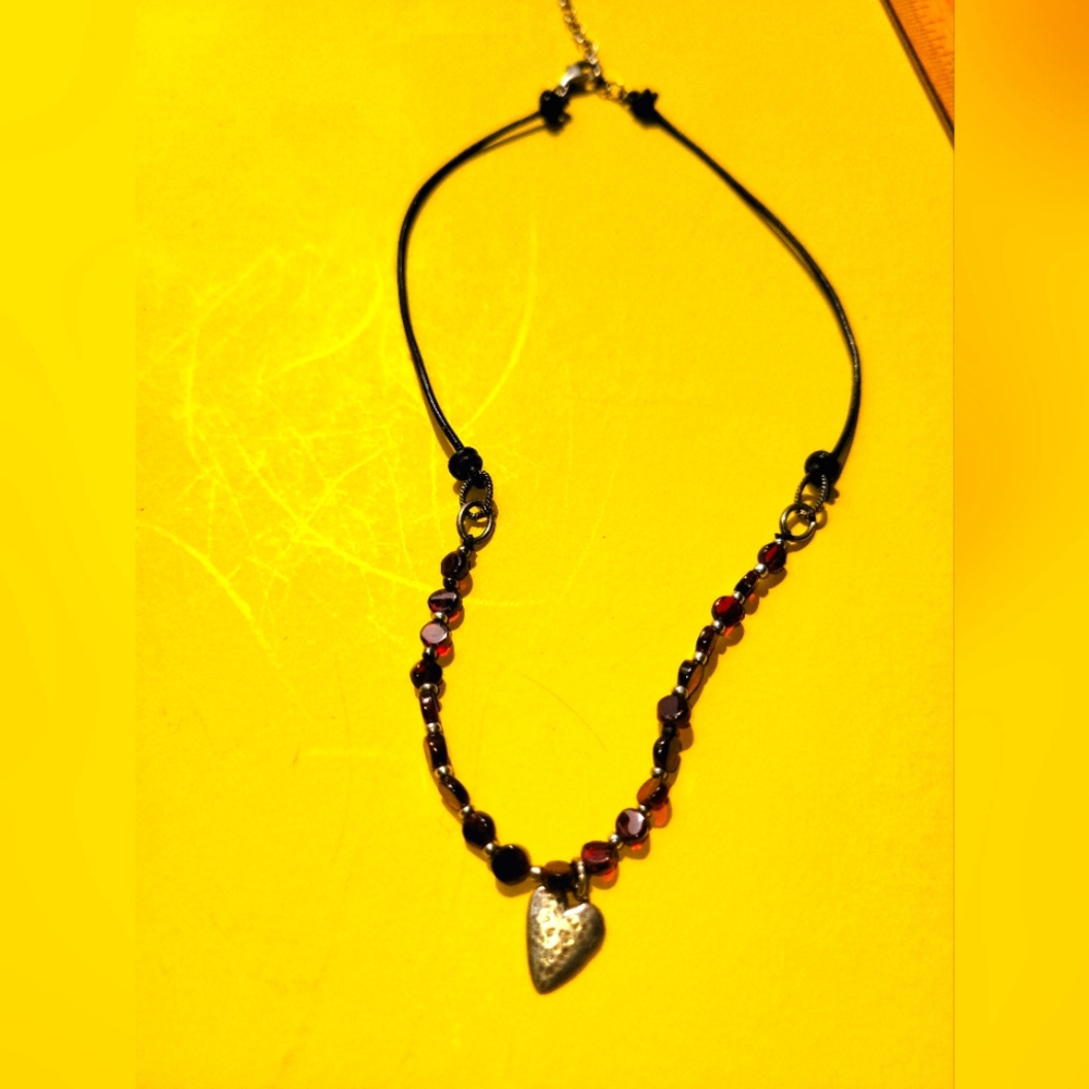 Silpada  Designs Garnet Bead and Silver Heart Leather Necklace